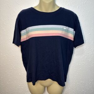 Hollister Women's Navy Tee with Pastel Stripes